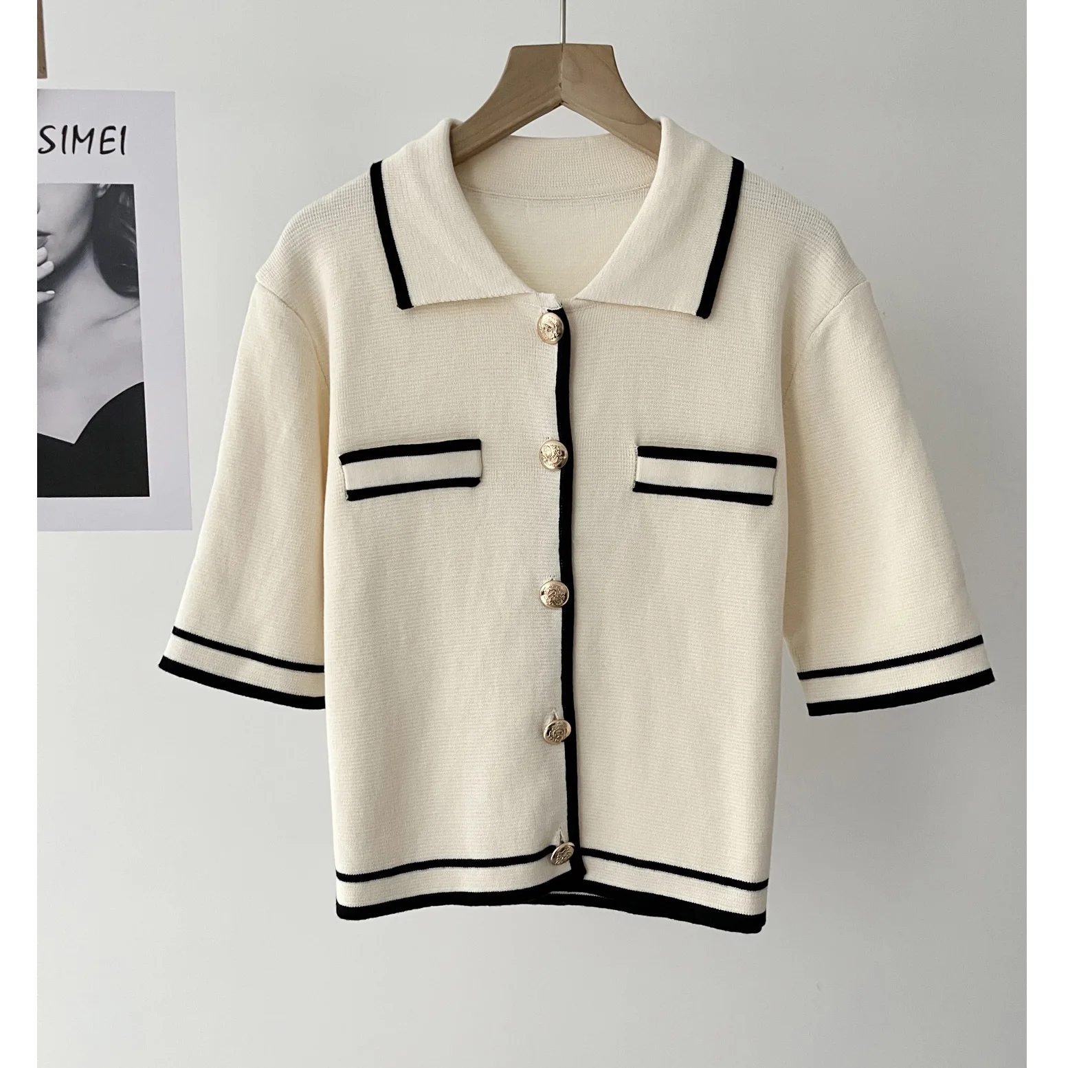 

Women's Clothing Small Fragrant Wind Thousand Gold Sense Pure Cotton Polo Neck Short Sleeve Knitted Cardigan Spring 16a-1716