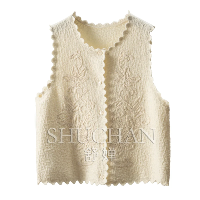 Heavy Industry Embroidery Flower Shrinkage Wool V-neck Sleeveless Sweater Vest Women Thin Sweaters  Knitted Vest  Tops