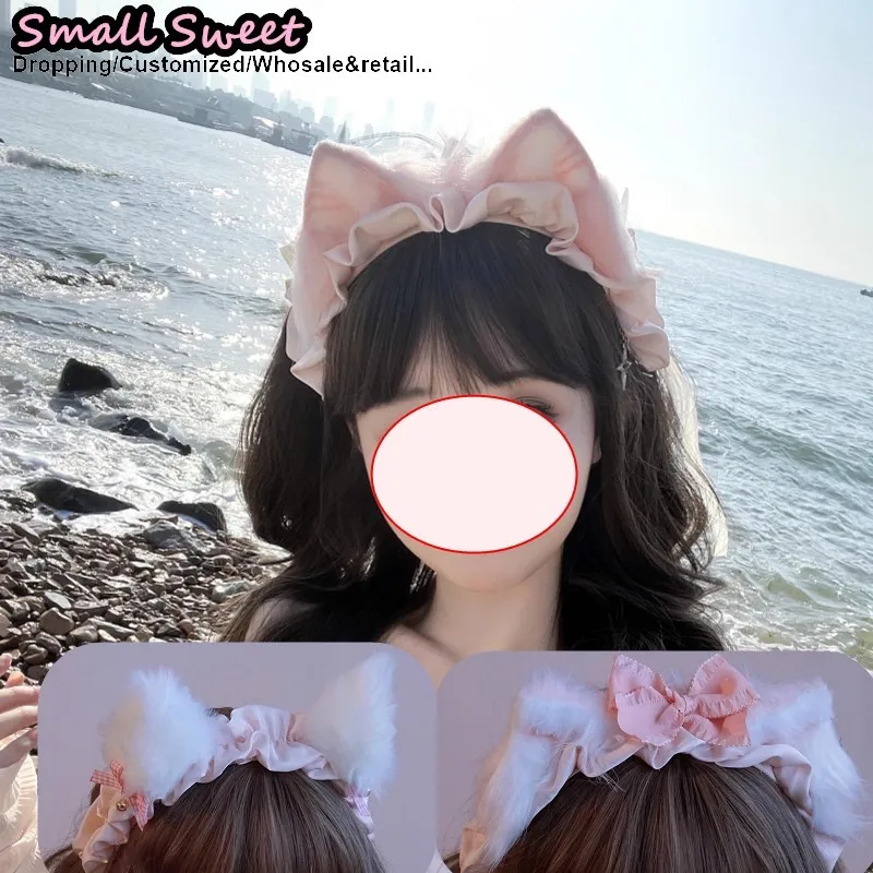 

Gothic Lolita Handmade Cat ears Punk Pink Sweet bow lace Subcultural KC Heart Barrettes Cosplay Accessories Hair Hoops