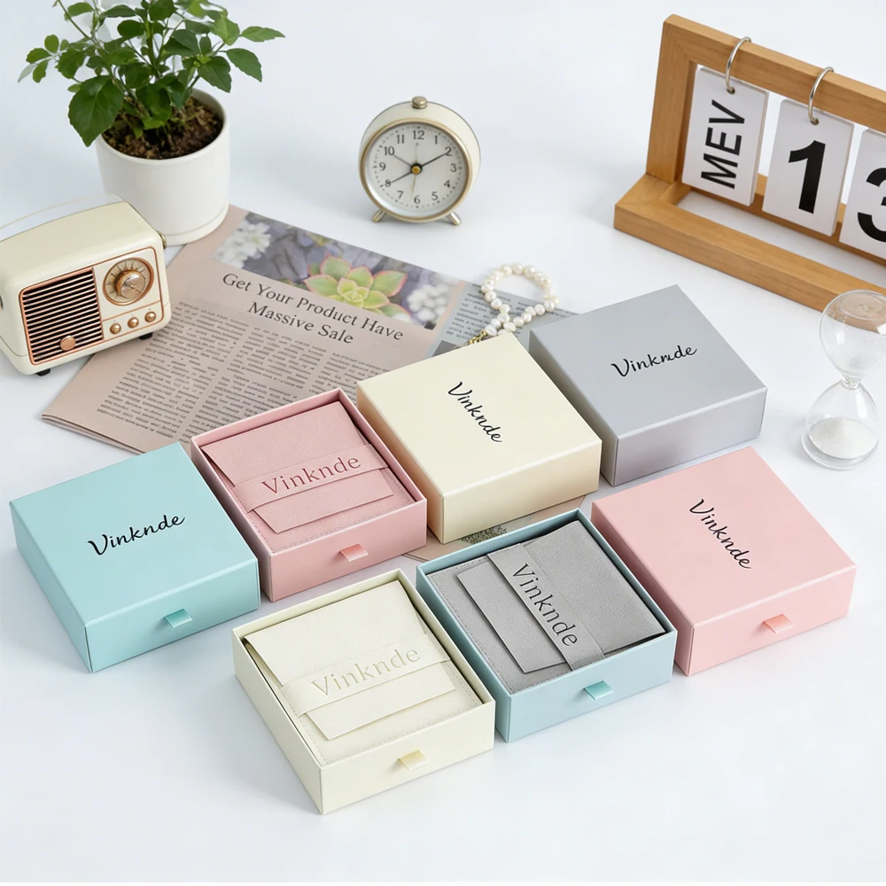 

Custom Logo 100Pack Mini Luxury Microfiber Bags Drawer Paper Boxes Necklace Earrings Ring Jewelry Pouch Small Gift Packaging Box