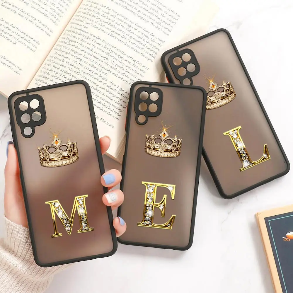 Matte Case For Samsung Galaxy A02 A03 S A50 A70 A30 A40 A20 A7 2018 M30S M51 M32 Note 20 Phone Cover Golden Initial Letter M E L