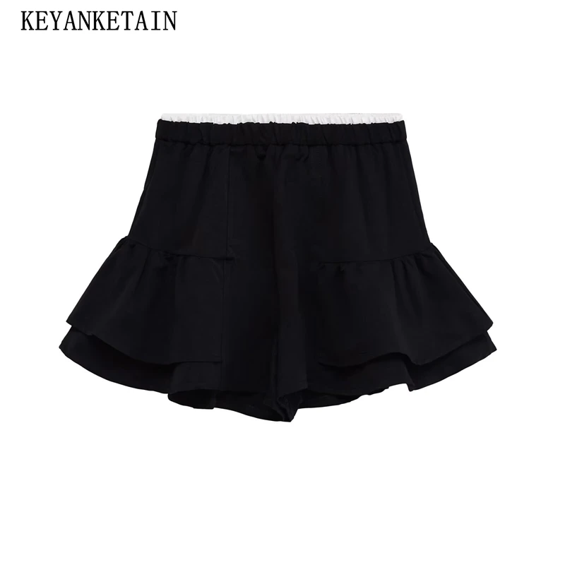 

KEYANKETIAN, летняя милая стильная лоскутная мини-юбка с эластичной резинкой на талии, новинка 2025, женская пышная юбка с многоуровневыми оборками