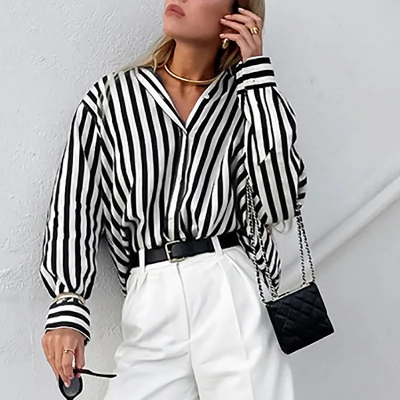 Street Fashion Loose Black & White Striped Long Sleeve Blouses New Temperament Commuting Women's Cotton Casual Clothing Shirt