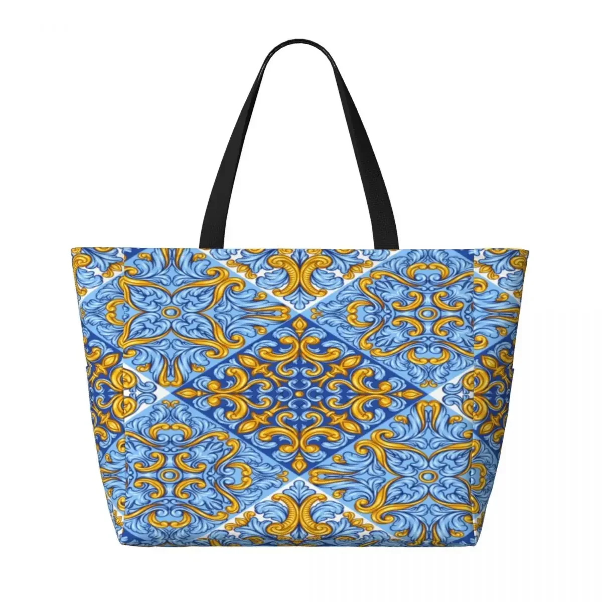 Portuguese Tile Repeating Beach Travel Bag, Tote Bag Trendy Shopping Sports Shoulder Bag Multi-Style Pattern