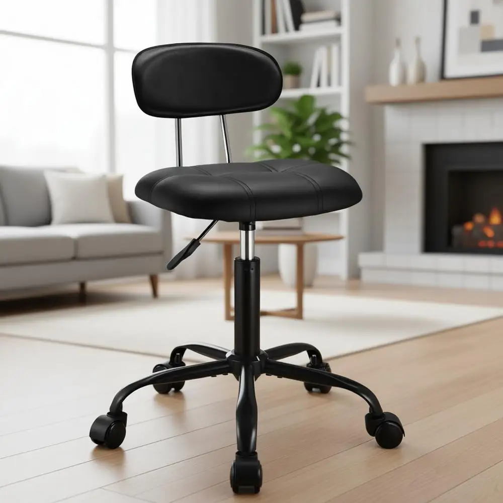 Adjustable Height Swivel Stool with Backrest and Wheels, Stable Base, Black