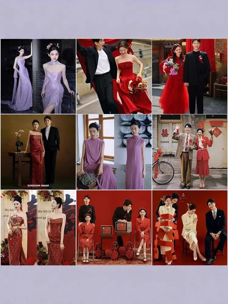 

Retro Red Wedding Dress Chinese Style Morning Robe Marriage Photoshoot Couples Wedding Ceremony Costume New Collection