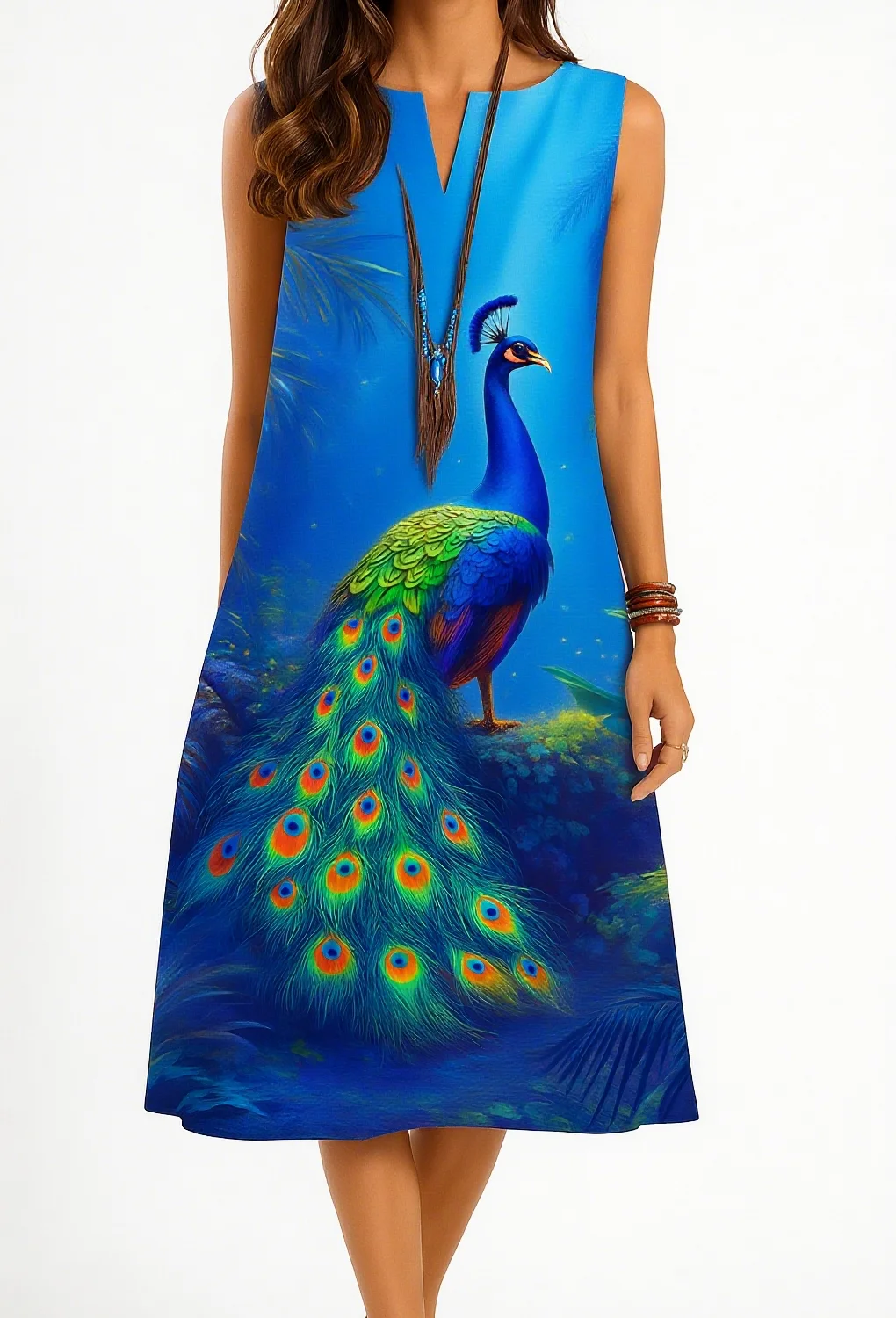 2026 Dress kurt women's fashionable and elegant long sleeved straight tube casual V-neck peacock pattern noble skirt