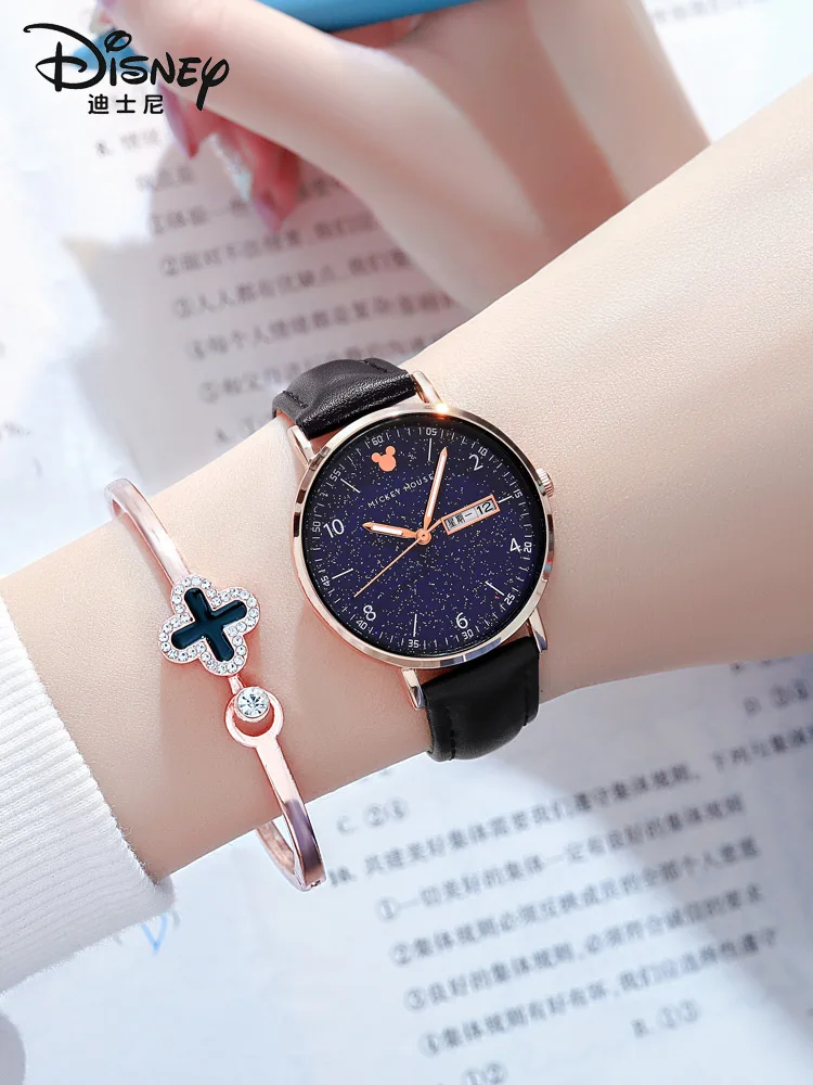 Disney Mickey Mouse Fashion Quartz Watch for Women Luminous Hands Date Week Feature Trendy Sky Stars Design Female Wristwatch