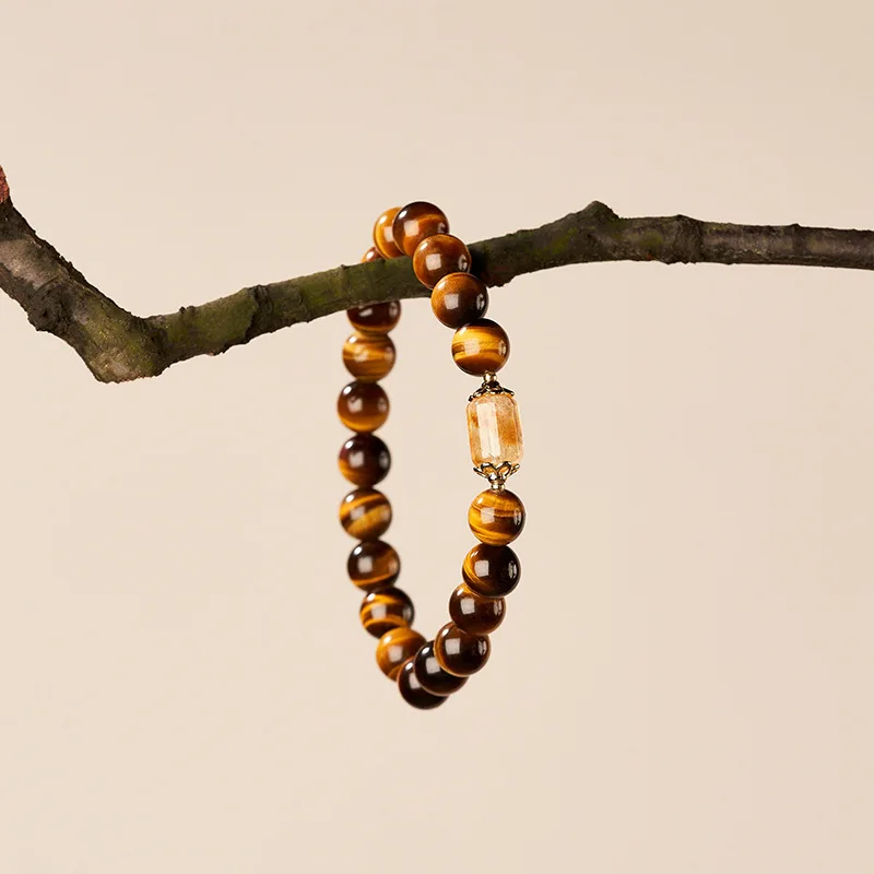 Chinese Style Natural Yellow Tiger Eye Stone 8mm Beaded Handstring Bracelet With Citrine Charm For Women Lucky Wealth Blessing