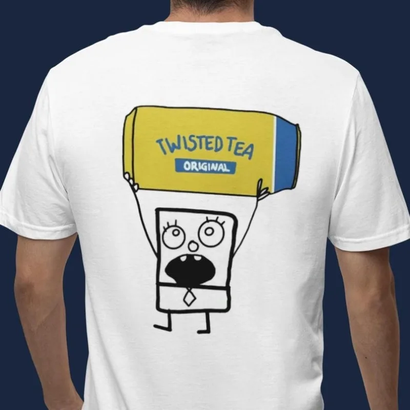 Bob DoodleBob Holds Twisted Tea Can, Double-sided Printed T-shirt, Internet Celebrity, Fun Cartoon Short Sleeved Shirt