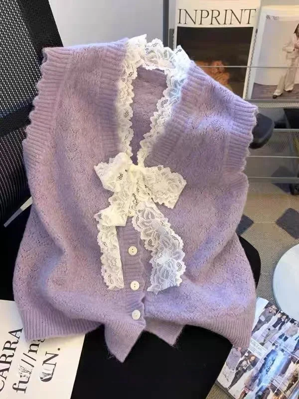 

Sweet Lace Belted Purple Sweater Vest Women's 2025 Spring New Lazy Sle Soft Knitted Inner Wear Cardigan V-ne Regular Length