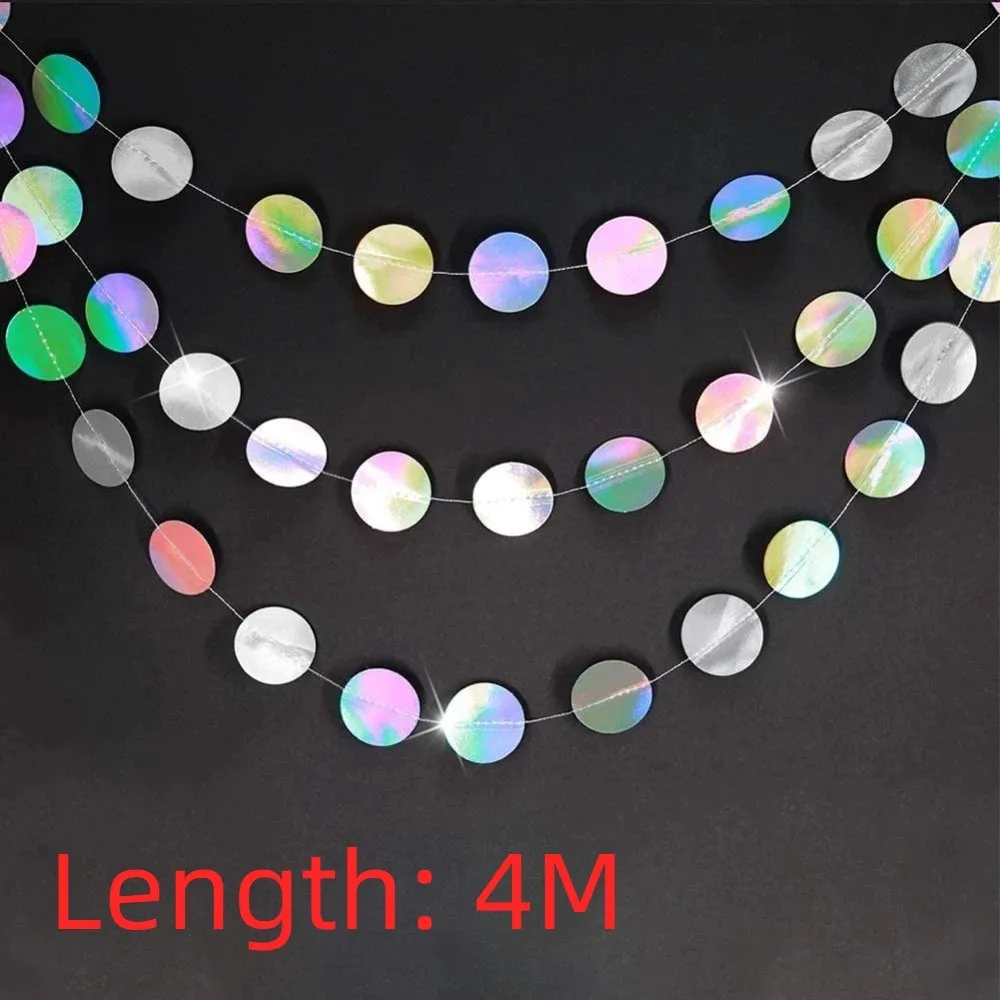 

3M/4M Length Paper Banner Shiny Silver Circle Garland Paper Iridescent Room Hanging Decoration Birthday Party Decoration