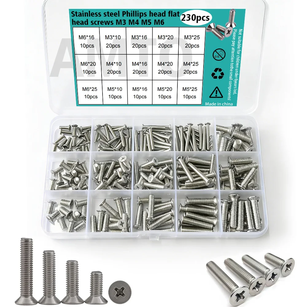 M3, M4, M5, M6 Stainless Steel Phillips Head Flat Head Machine Screws -10mm, 16mm, 20mm, 25mm, Countersunk Fully Threaded Screws