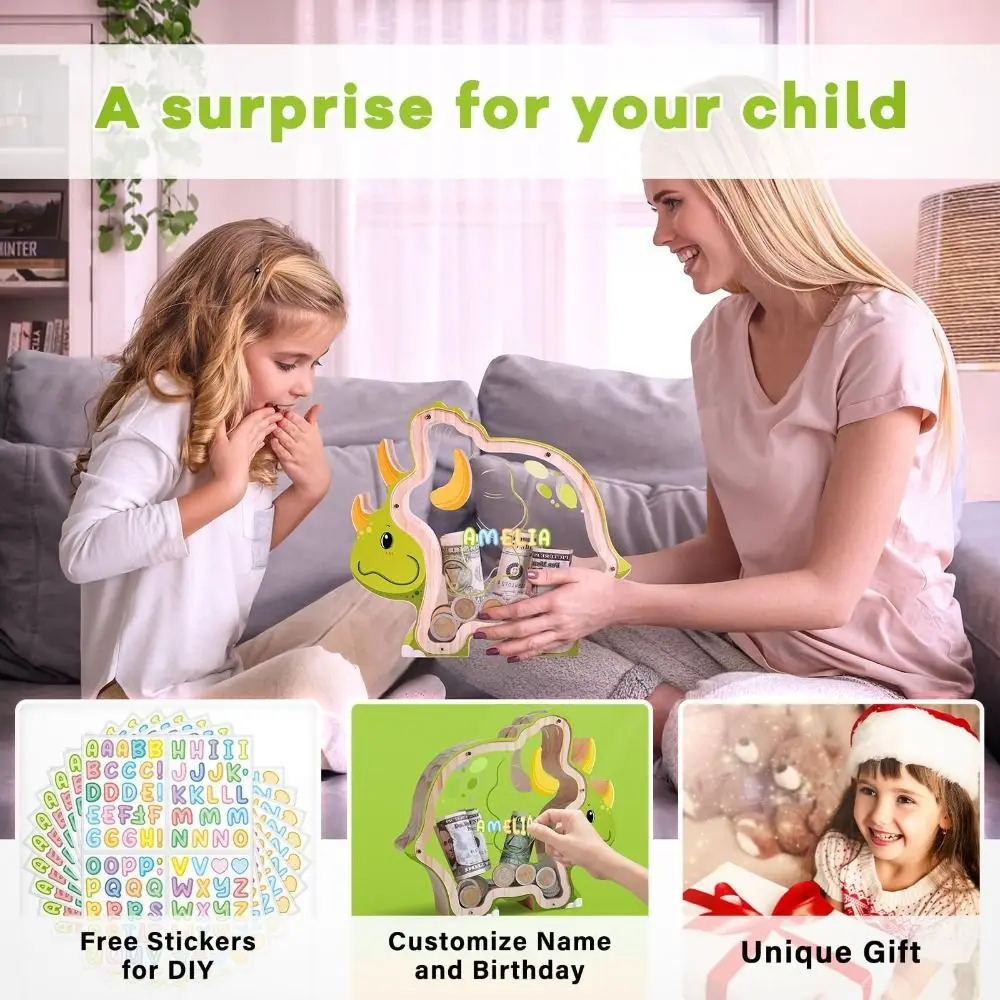 الخشب ديناصور شكل حصالة حصالة أصبع البنوك الاطفال عملة حقيبة للتخزين الأطفال النقدية توفير ديكور المنزل الشفاف #3