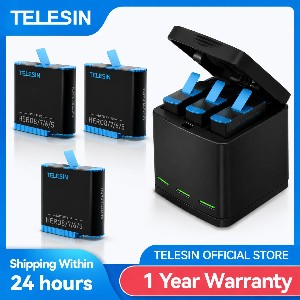 TELESIN 고프로 히어로 5 6 7 8 블랙 카메라용 LED 라이트 배터리 충전기 보관함, C타입 케이블, 3 슬롯, 1220mAh 3 팩 배터리