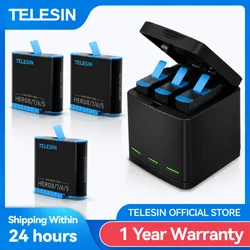 TELESIN 1220mAh paquete de 3 baterías 3 ranuras luz LED cargador de batería caja de almacenamiento Cable tipo C para GoPro Hero 5 6 7 8 cámara negra