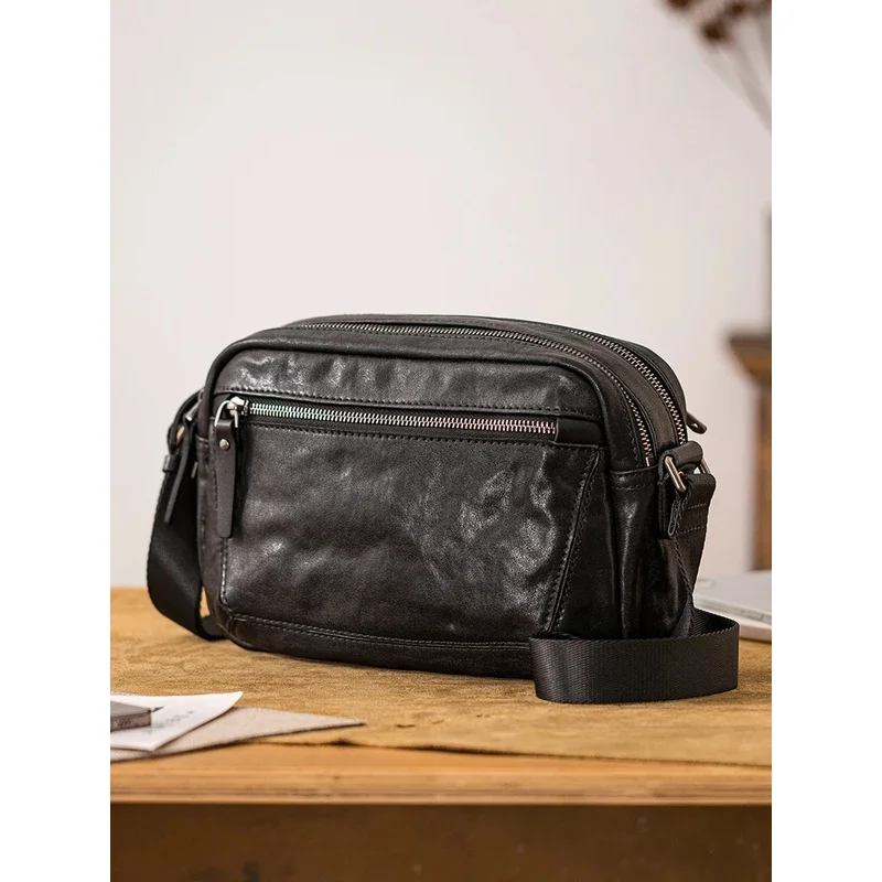 casual daily commuting first layer cowhide men's black shoulder bag outdoor travel luxury handmade genuine leather crossbody bag