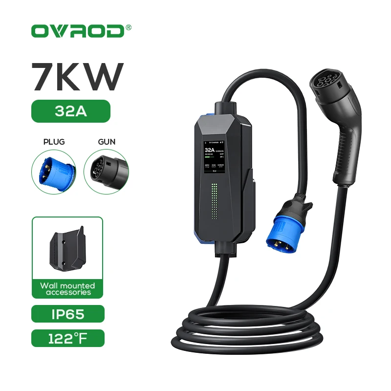 

Ovrod Car Current Lcd Screen Ac Portable Ev Charger Type 2 7Kw Pile Home Electric Vehicle Charging Station