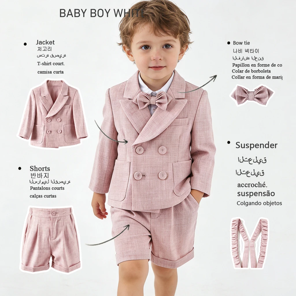 Baby Boys Pink Linen Suit 3PCS Double Breasted Blazer Bowtie Formal Gentleman Outfit Wedding Birthday Photography Kids Costume