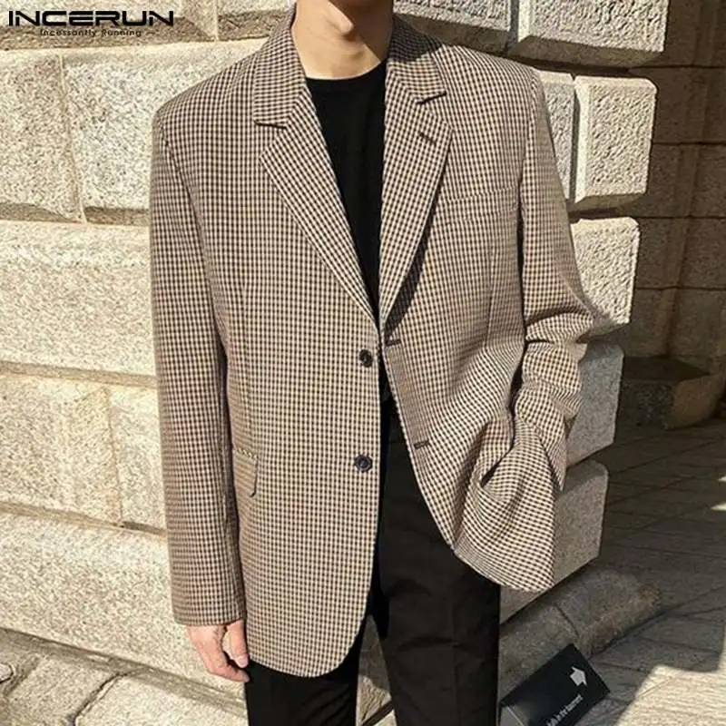 INCERUN Men Plaid Blazer Lapel Long Sleeve Button Casual Suits Men Spring 2024 Streetwear Elegant Fashion Leisure Coats S-5XL