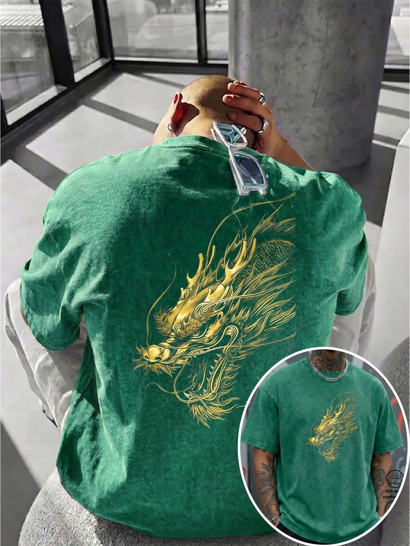 Men's Washed Cotton T-shirt Retro New Chinese Golden Line Dragon Print Delicate Line Gilded Texture Short Sleeve S-3XL