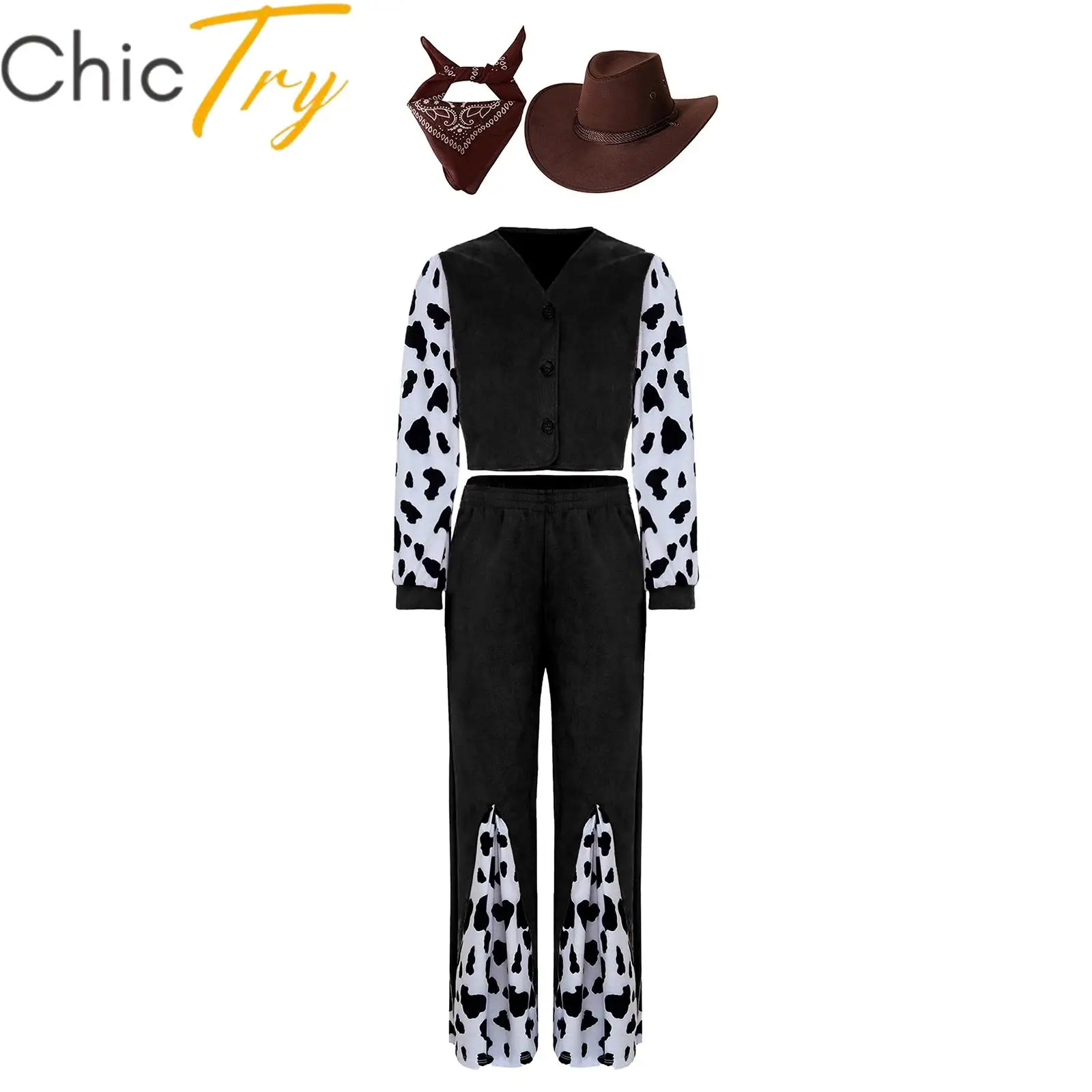 

Kids Western Cowboy Cowgirl Costume Halloween Cosplay Party Set Long Sleeve Crop Top with ants Hat and Bandana Roleplay Dress Up