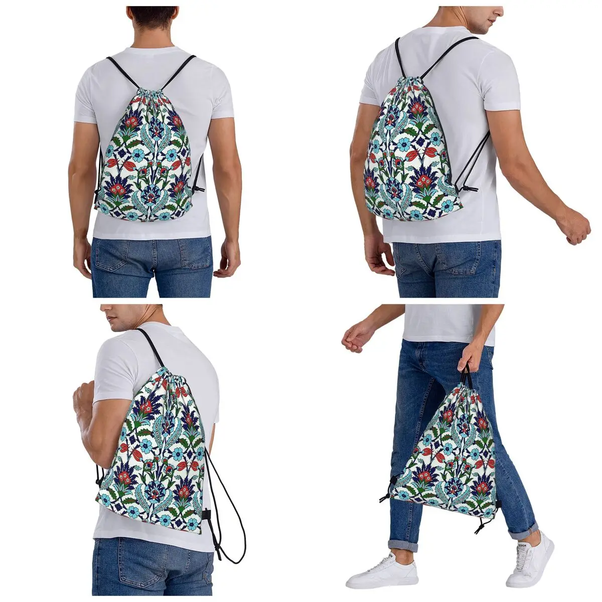 Turkish Iznik Floral Backpacks Multi-function Drawstring Bags Sundries Bag Book Bags for Man Woman Students