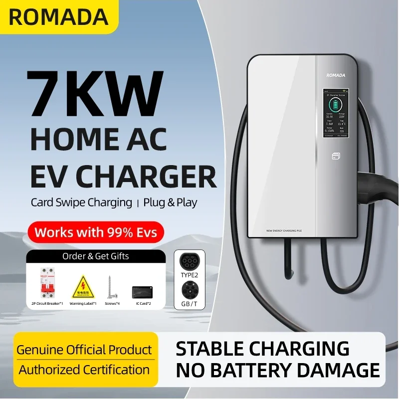 

ROMADA Type2 GBT20234 EV Charger Station 32A EVSE Wallbox APP Function 7KW Charging Station Electric Vehicle Car