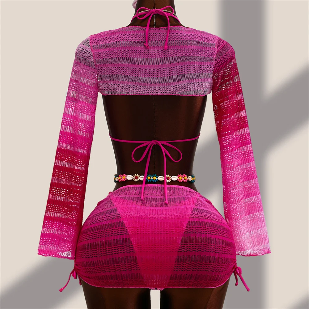 Hollow Gradient Y2k Bikini Long Sleeve Swimsuit Extreme String Backless Sheer Skirt Women 4 Piece Vacation Swimwear Beach Outfit
