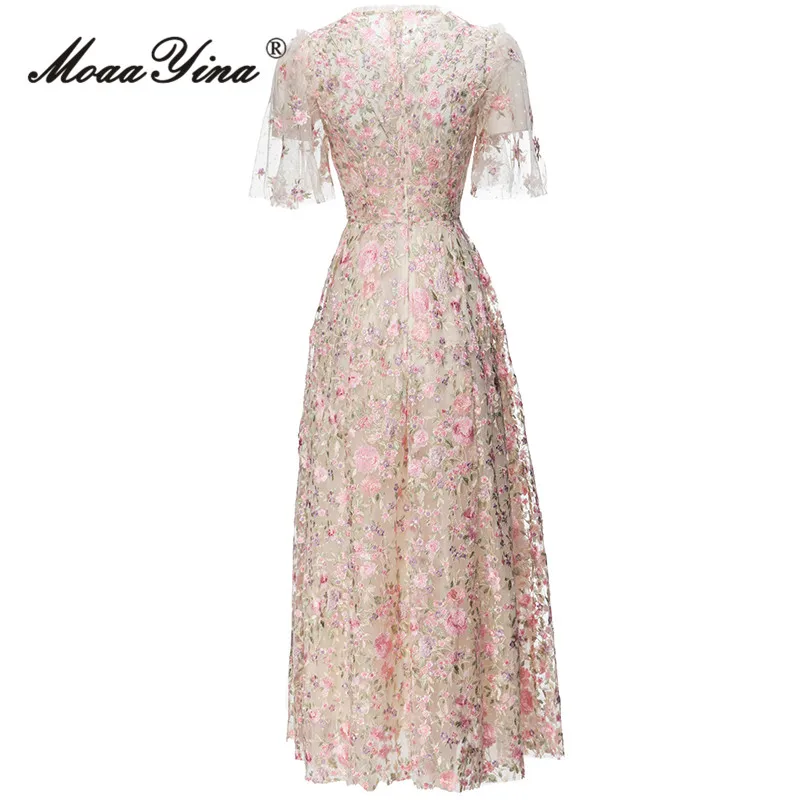 MoaaYina Summer Fashion Runway Vintage Party Casual Dress Women Ruffle Collar Short Sleeve Embroidery High Waist Mesh Long Dress
