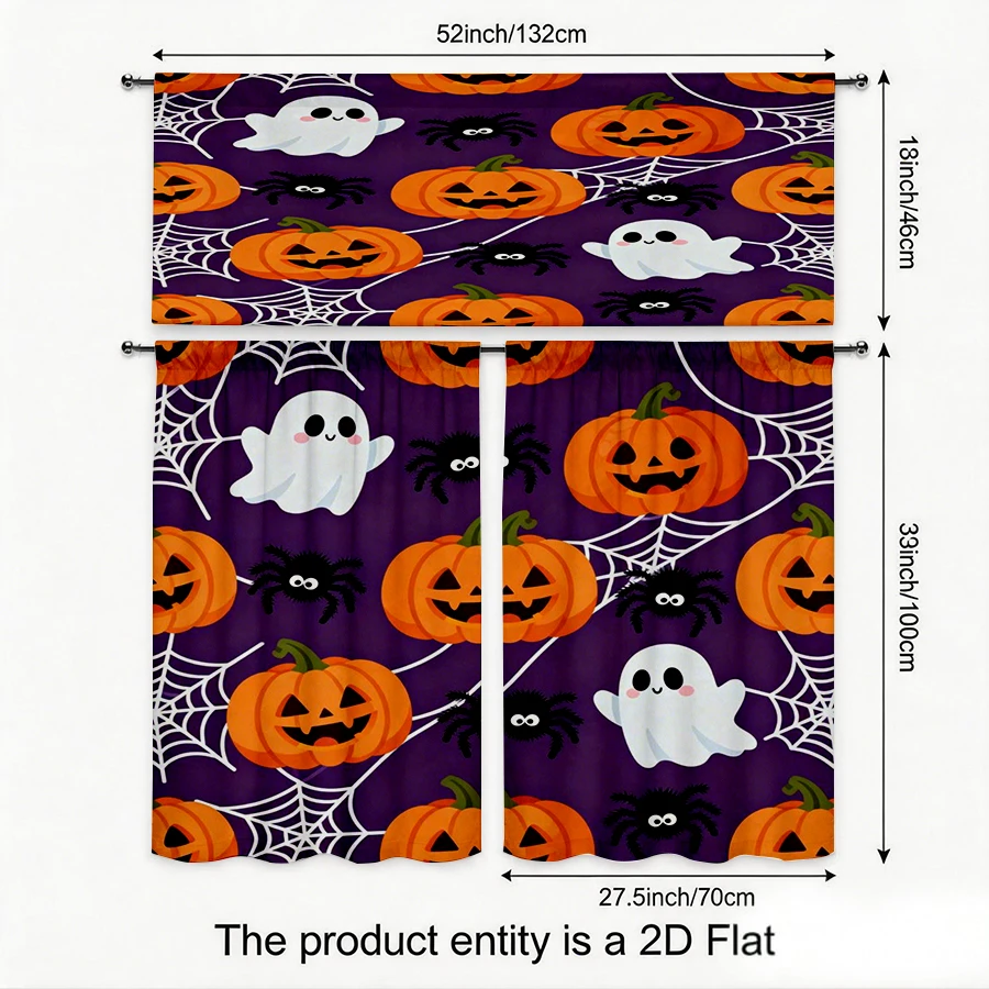 Halloween Fall Kitchen Curtains, Pumpkin Ghost Spider Web, Digital Print, Kitchen Dining Room, Rod Pocket Polyester, Home Decor