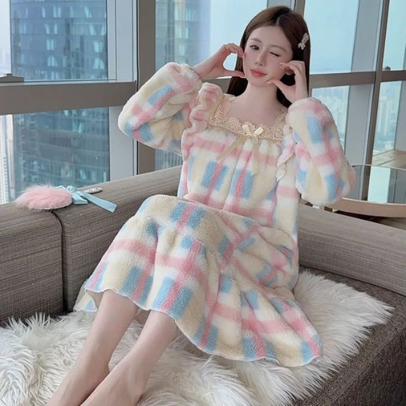 

M-5XL Plus Size Coral Fleece Pajama Dress Women Princess Style Winter Thickened Warm Loungewear Korean Student Flannel Nightgown