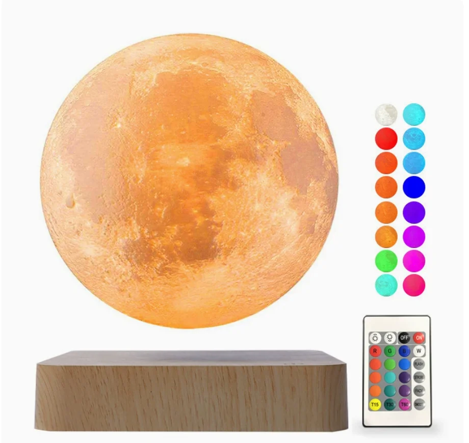 Moon Floating Lamp Levitating Moon Magnetic Floating Night Light 16 Colors Creative Table 3D LED Lamp with Wooden Base