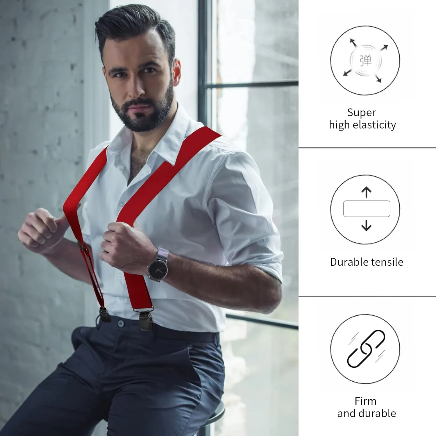 Hosenträger für Herren, Hosenträger mit starken 5,1 cm breiten, 4 Clips, robust, für Herren, hochelastisch, verstellbare Hosenträger im X-Stil – Detail 9