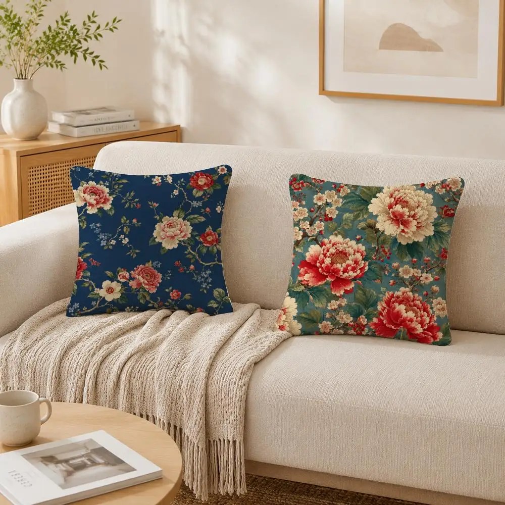 VINTAGE FLORAL BLUE Red Green Cushion Cover Double-Sided Plush Sofa Cushion Covers Organic Breathable Invisible Zipper