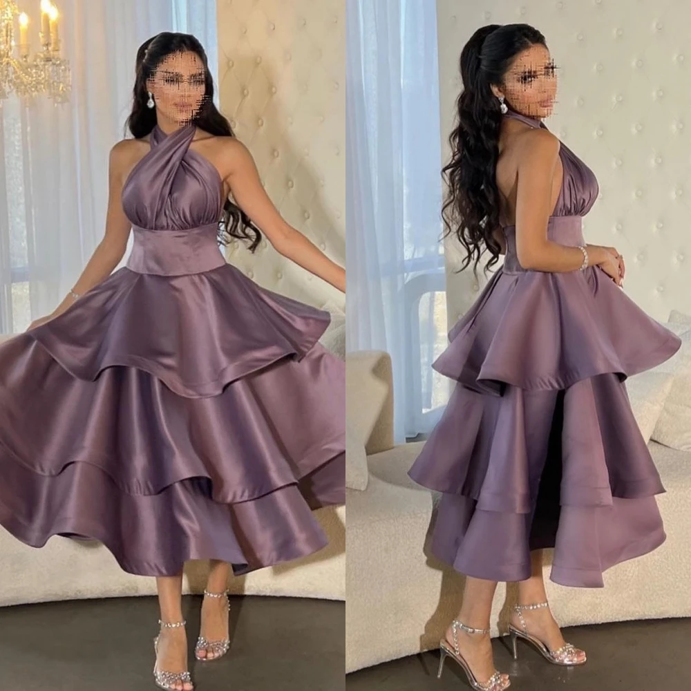 Mesprit Classic Halter Formal Evening A-line Tiered Ankle-Length Satin Bespoke Occasion Dresses Prom 