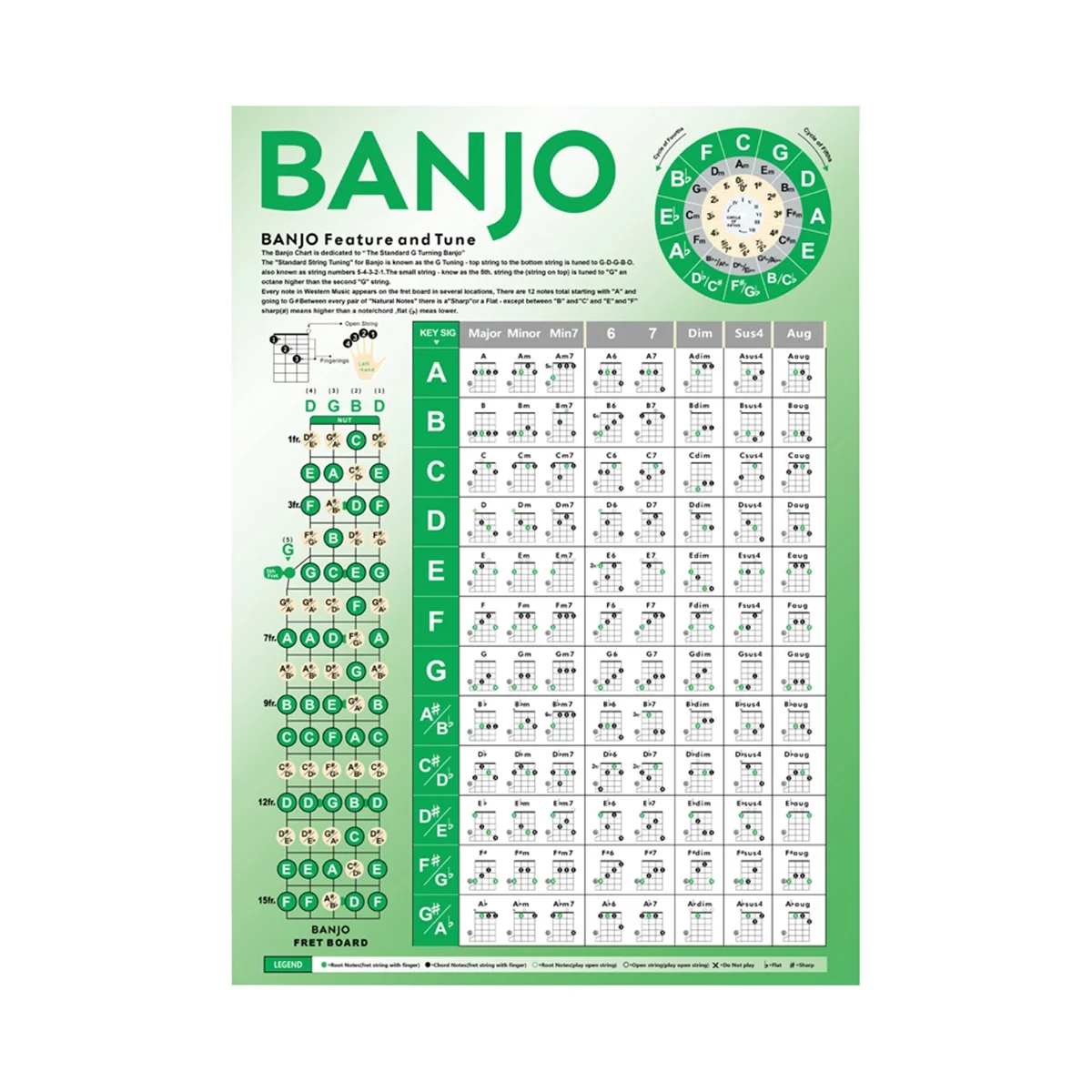 Banjo Chord Chart Cheat Sheet for Beginner,Banjo Practice Chords Scale Chart,Learning Aid for