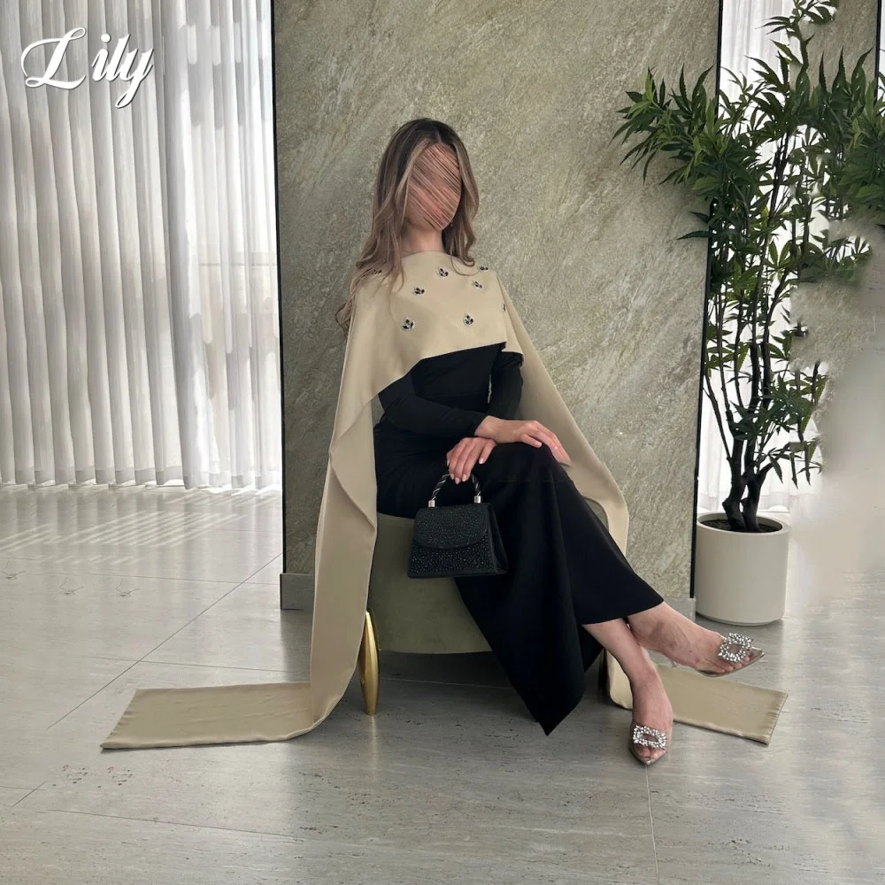 فستان حفلة موسيقية من Lily Black Robe De Soirée برقبة دائرية فستان رسمي مع طيات من الساتان البوق كريستال فستان سهرة مع شال مخصص #3