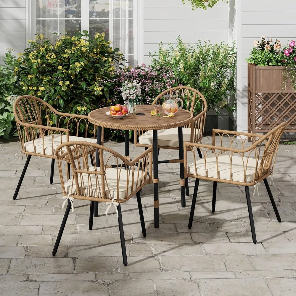 

5 Piece Patio Dining Sets, Outdoor Dining Furniture Set with 2" Umbrella Hole, Wicker Rattan Round Table and Chairs Set with Co