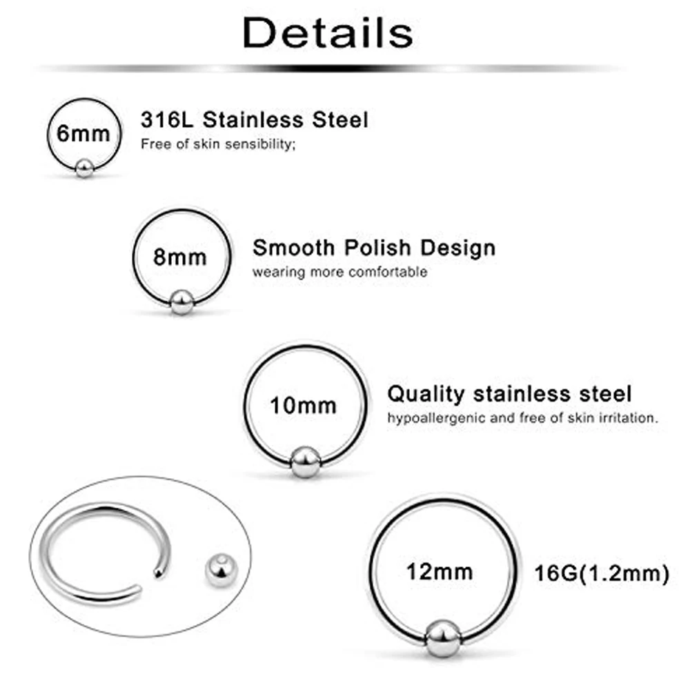 2PCS Surgical Steel Captive Bead Ring Ear Hoop Nose Ring Ear Tragus Cartilalge Piercing Nipple Ring Body Jewelry Earring 20g 16g