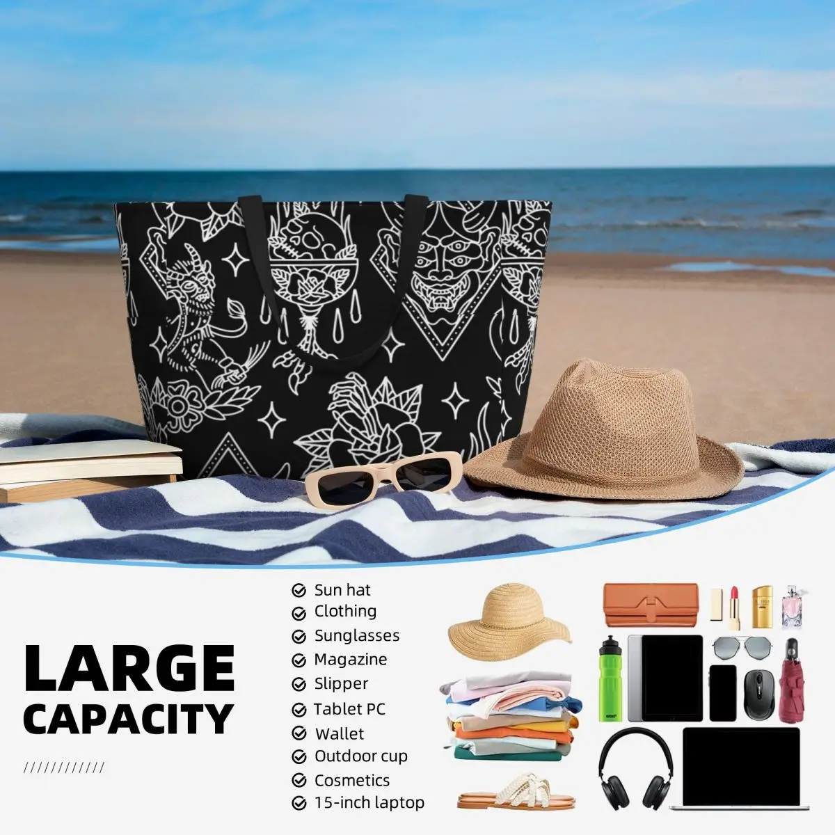 Borsa da viaggio da spiaggia Flash tatuaggio tradizionale bianco, borsa Tote Shopping alla moda borsa a tracolla quotidiana modello Multi-stile