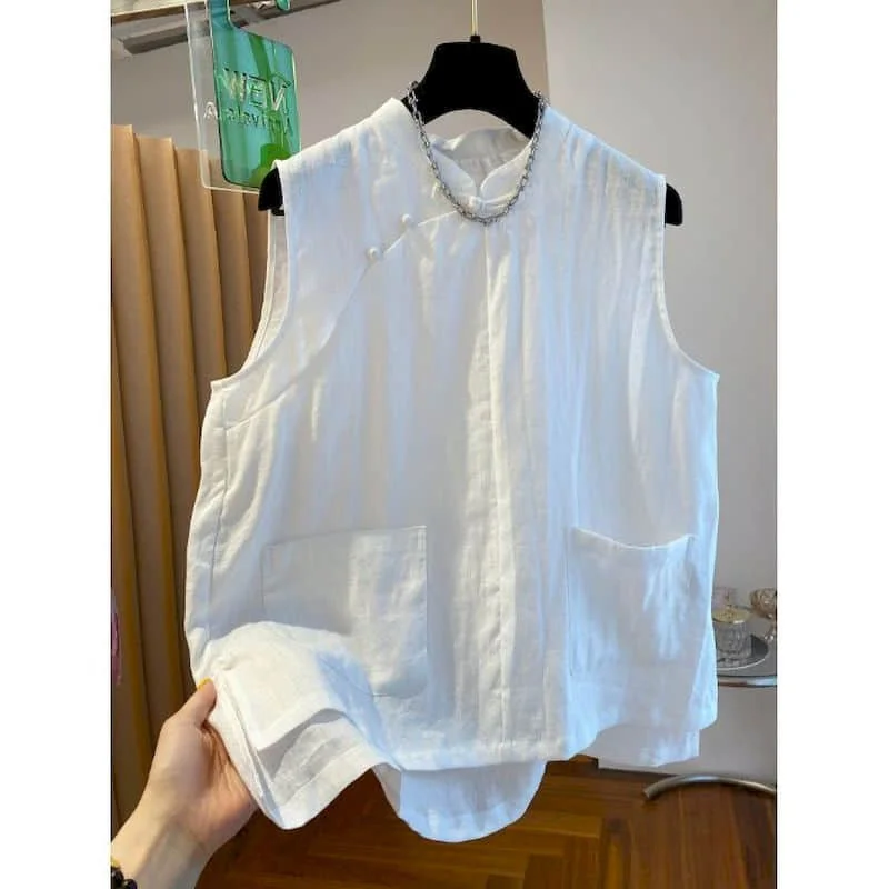 Aesthetics Vests O-neck Casual Korean Style Frog Button Crop Tops A-line Hem Design Shirts 2026 Summer Wear Thin Women Clothing