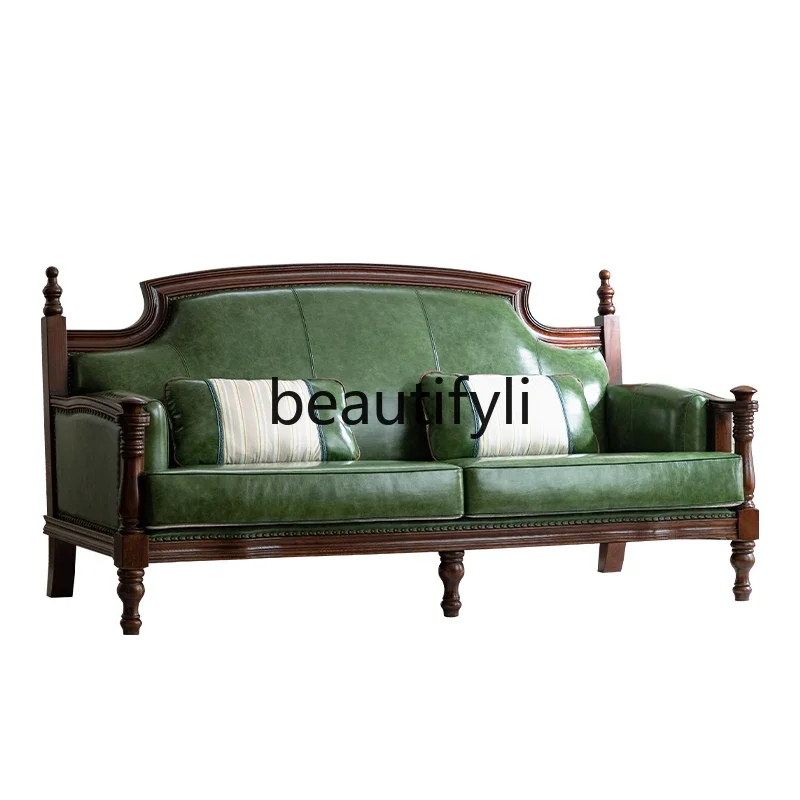 

American sofa green leather living room leather sofa combination European blue high-end first-layer cowhide