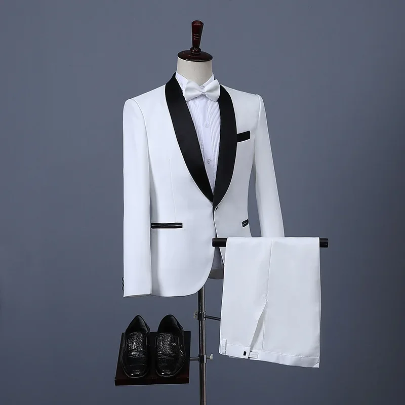 B470 Suit Men's Three-piece Korean Suit Slim White Professional Best Man Groom Dress with Bow Tie