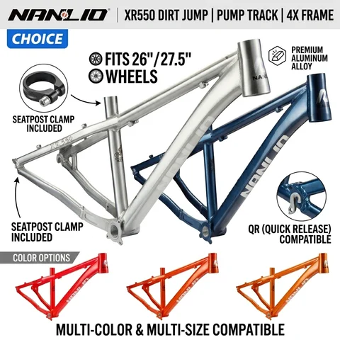 NANLIO XR550 Dirt Jump Bike Frame 26 27.5 Inch Aluminum Alloy MTB Hardtail Frame QR Pump Track 4X with Seatpost Clamp
