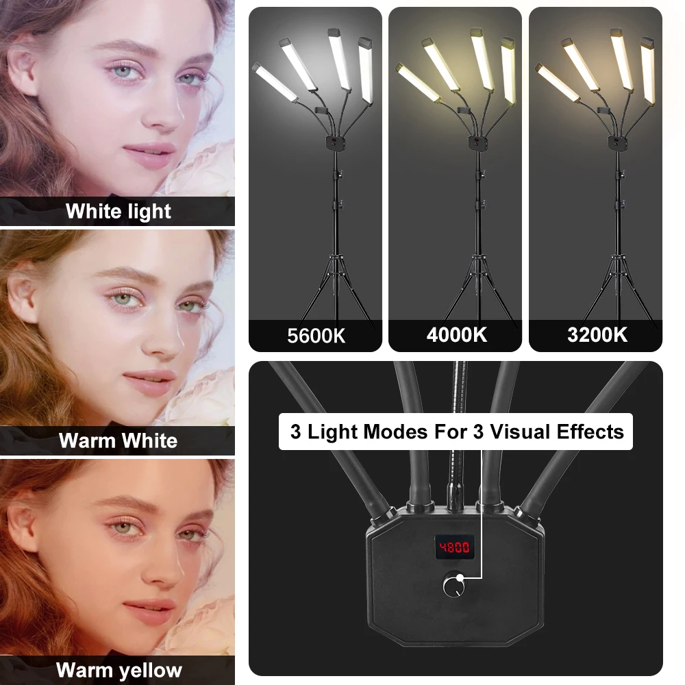 Professionelle Tattoo-Schönheitslampe, Fotografie, LED-Ringlicht, flexibel, 4-armig, LED-Videoleuchte, 65 W, 3200–5600 K, mit USB-Ladeanschluss – Detail 5