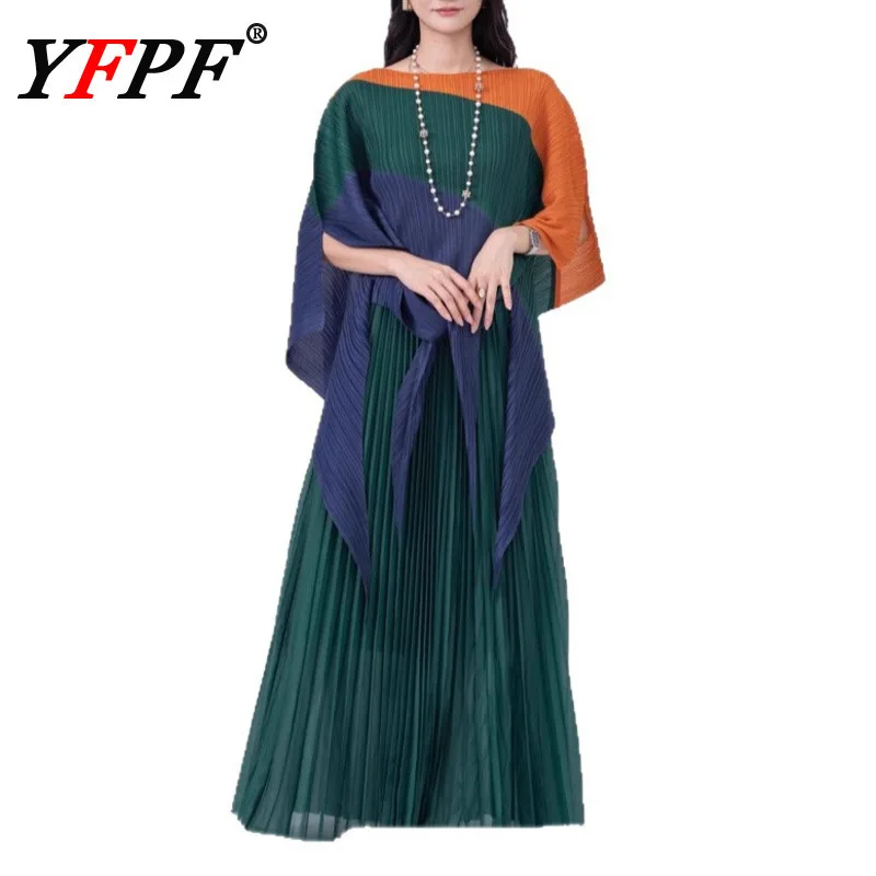 

YFPF 2025 Miyake плиссированные женские комплекты контрастного цвета, свободные блузки нестандартной формы, топы + длинные юбки трапециевидной формы, новый элегантный комплект