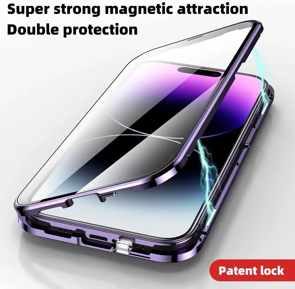 

360° Double Sided Glass Magnetic Adsorption Metal Snap Lock Case for IPhone 14 13 12 11 Pro Max Mini Camera Lens Protect Cover