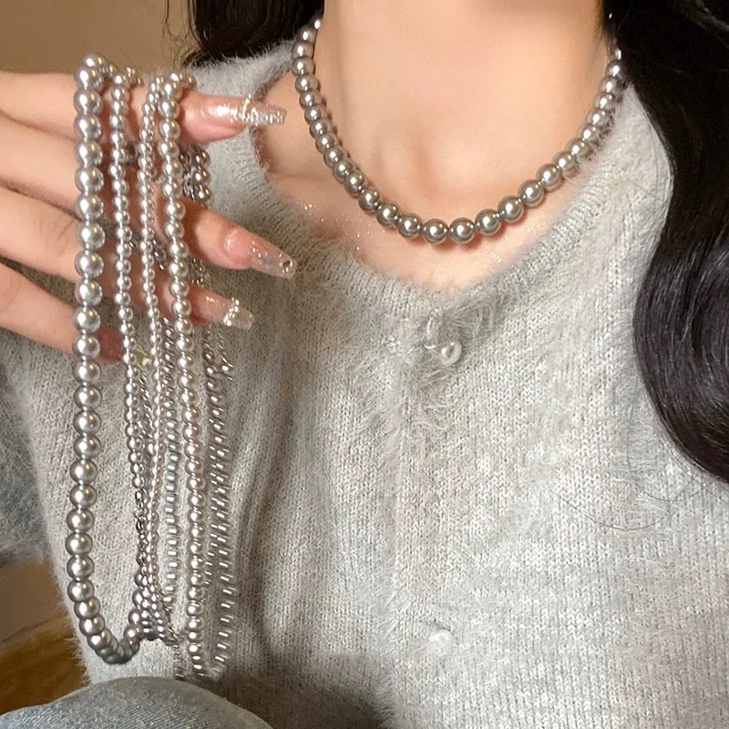 

2024 New French High-end Gray Pearl Necklace for Women Fashionable Simple Daily Accessories Party Jewelry Birthday Gifts