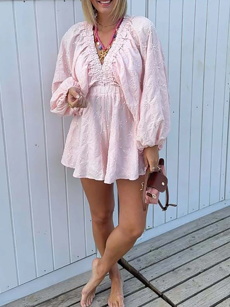 

Women's Casual Solid High Waist Short Jumpsuits 2026 Spring Sexy Deep V Neck Hollow Romper Long Sleeve Loose Streetwear Overalls